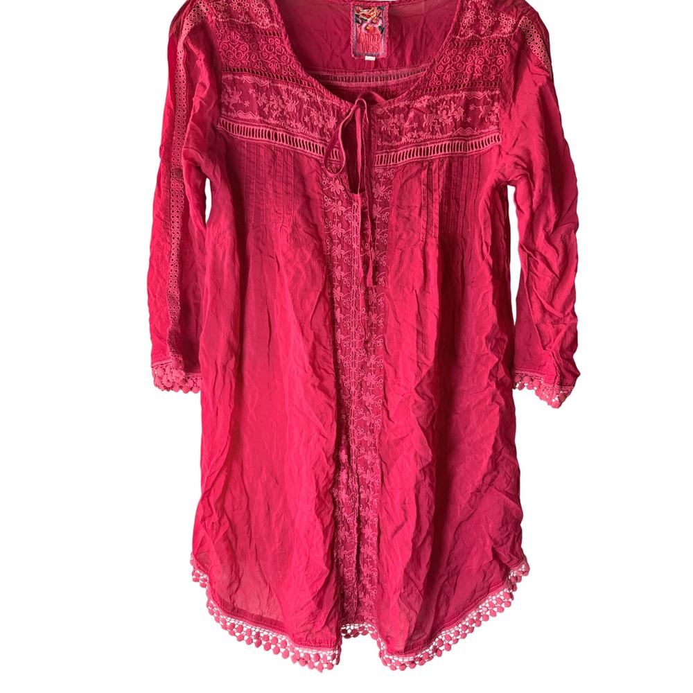 Johnny Was Embroidered Boho Tunic Lace Trim Pink Size S